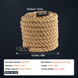 Juuttiköysi kolmisäikeinen 25,4 mm 15,24 m kiipeilyyn ja treeniin