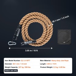 Kiipeilyköysi juuttikuitua 3,05 m 38 mm halkaisija kuntosalitreeniin