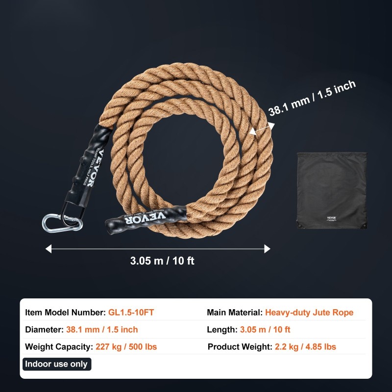 Kiipeilyköysi juuttikuitua 3,05 m 38 mm halkaisija kuntosalitreeniin