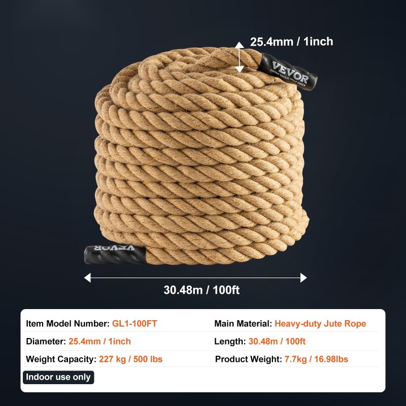 Kuntosalin juuttiköysi kiipeilyyn 25,4 mm 30,48 m kolmikierteinen