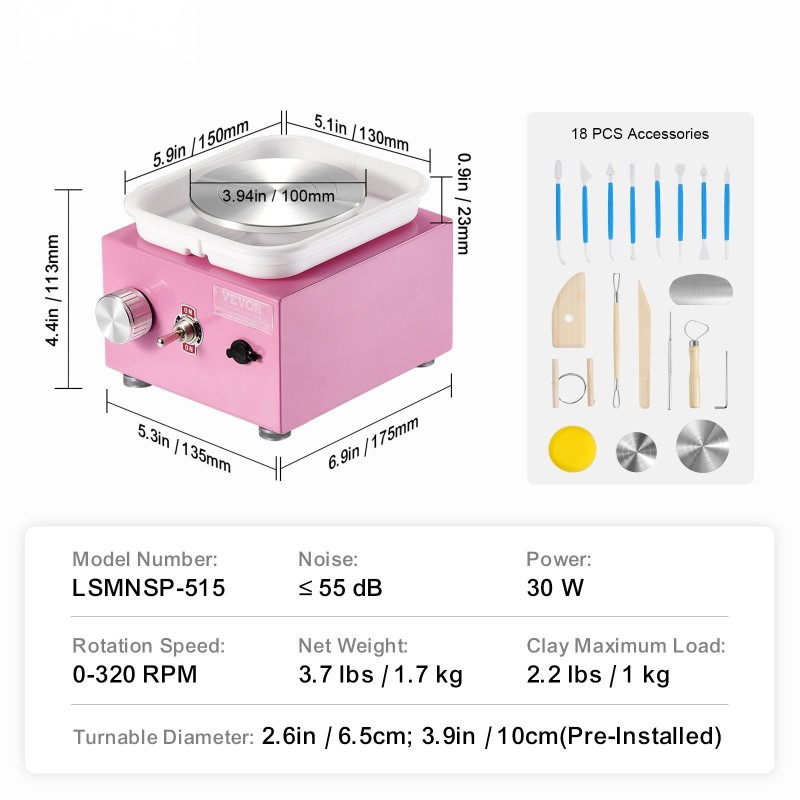 Sähköinen savenvalupyörä 0–320 kierrosta minuutissa irrotettava allas kaksi lautasta 18 työkalua pinkki