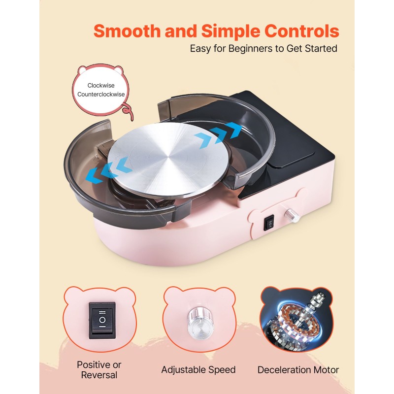 Mini keramiikkasorvi alumiinisella 158 mm lautasella säädettävä nopeus sisältää muotoilutyökalut pinkki