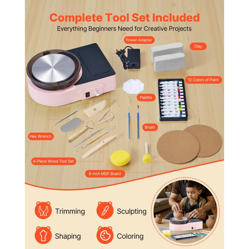 Mini keramiikkasorvi alumiinisella 158 mm lautasella säädettävä nopeus sisältää muotoilutyökalut pinkki