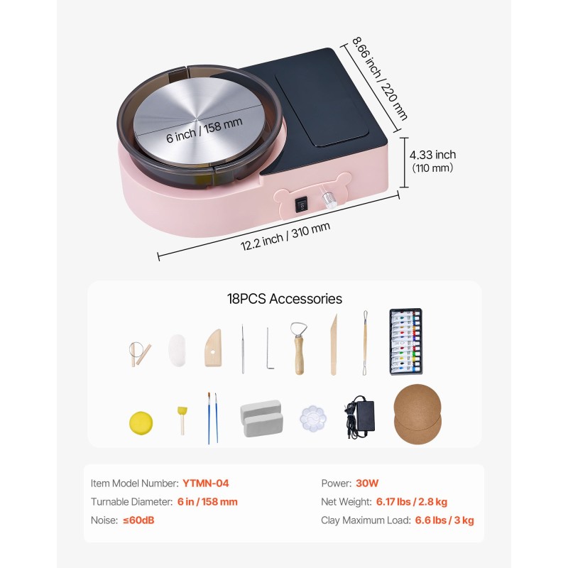 Mini keramiikkasorvi alumiinisella 158 mm lautasella säädettävä nopeus sisältää muotoilutyökalut pinkki