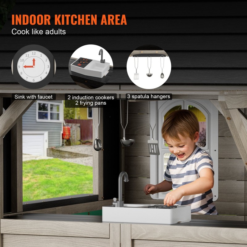 Ulkoleikkimökki setripuu 2–8 vuotta 1403x1260x1660 mm leikkikeittiöllä