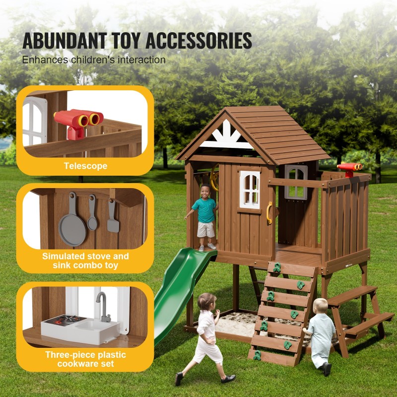 Puinen leikkimökki cedarmännystä ulkokäyttöön 2–10-vuotiaille liukumäki tikkaat kiipeilyseinä piknikpöytä