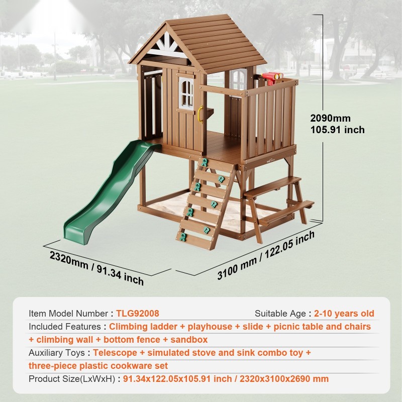 Puinen leikkimökki cedarmännystä ulkokäyttöön 2–10-vuotiaille liukumäki tikkaat kiipeilyseinä piknikpöytä