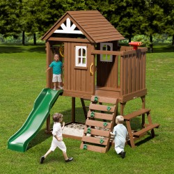 Puinen leikkimökki cedarmännystä ulkokäyttöön 2–10-vuotiaille liukumäki tikkaat kiipeilyseinä piknikpöytä