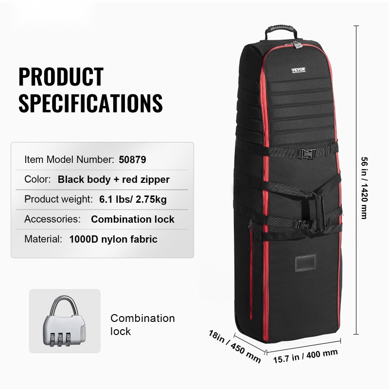 Golf-matkalaukku pehmustettu vedenpitävästä 1000D-nailonista pyörillä taitettava lukittavilla vetoketjuilla