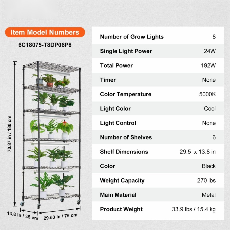 Kasviteline sisäkäyttöön kuusi tasoa teräs 192W täyden spektrin LED säädettävät hyllyt pyörillä