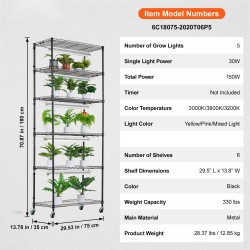 Kasviteline teräs 6-tasoinen 150W täyden spektrin LED-kasvatusvalo pyörillä