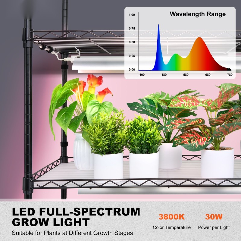 Kuusitasoinen maalattu rautainen kasviteline 150 watin täysspektrivaloilla 180 cm korkea