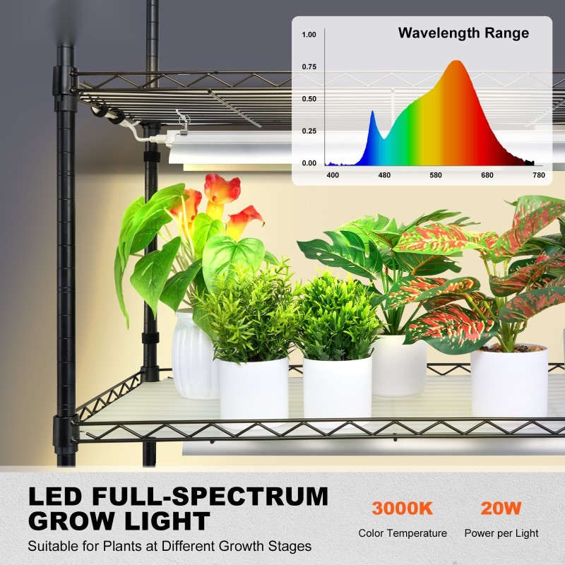 Metallinen kasvatushylly sisäkäyttöön kuusi tasoa kymmenen täysspektristä led-valoa kaksisataa watin mekaaninen ajastin