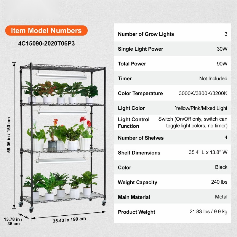 Kasviteline teräsrunko 4 tasoa 90W täyden spektrin sisäkäyttöön