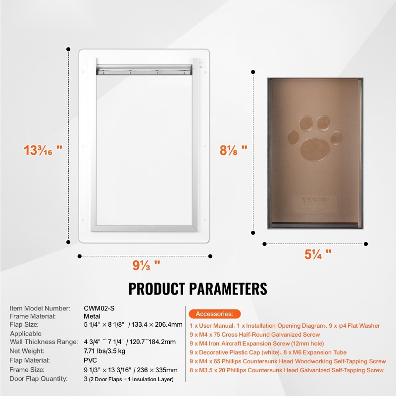 Lemmikkiovi metallikehyksellä 236 x 335 mm PVC-läpät 3-läppäinen lukittava sisä- ja ulkoseiniin