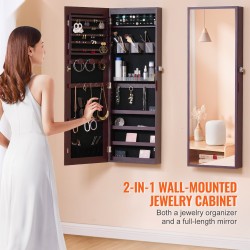 Peilillinen korukaappi samettivuoraus LED-sisävalaistus seinä tai oviasennus 1080 mm ruskea