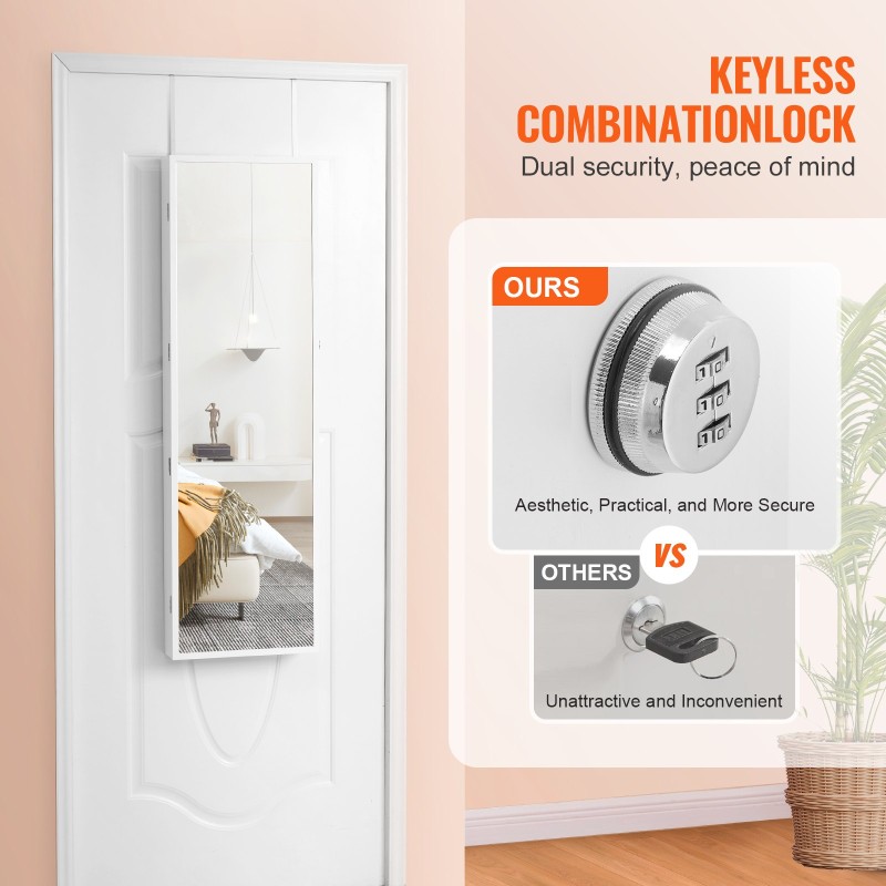 Korukaappi peilillä 1195 mm korkea lukittava valkoinen LED samettivuori seinä tai ovikiinnitys