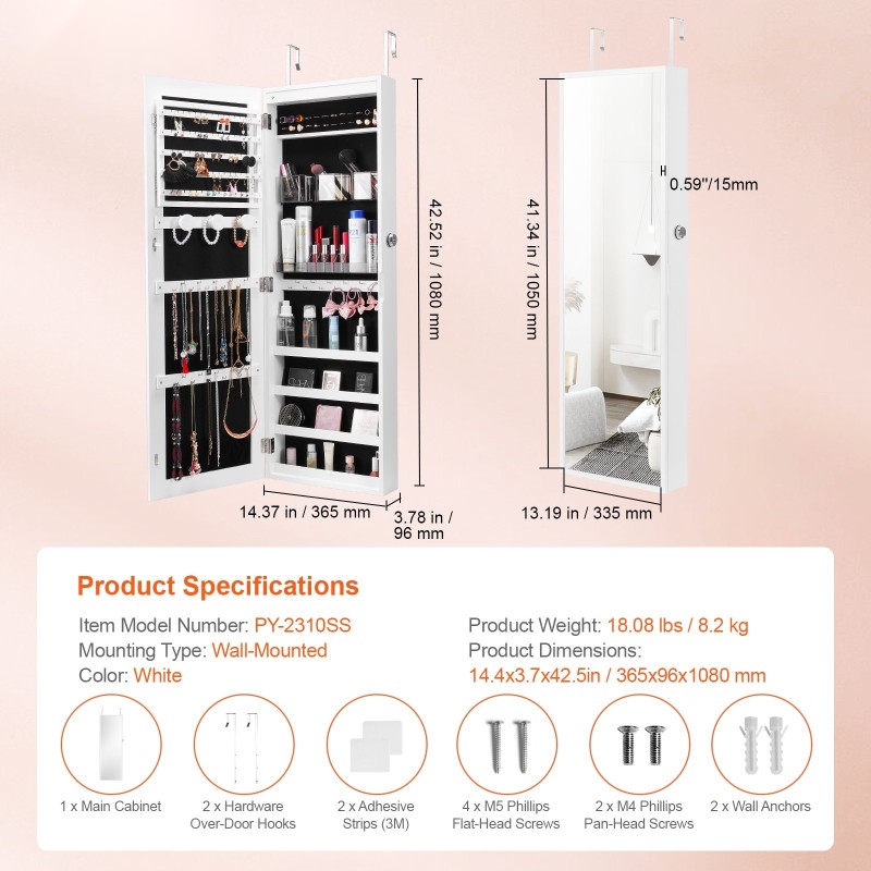 Korukaappi täyspitkällä peilillä 108 cm MDF samettivuori lukittava LED-valoilla