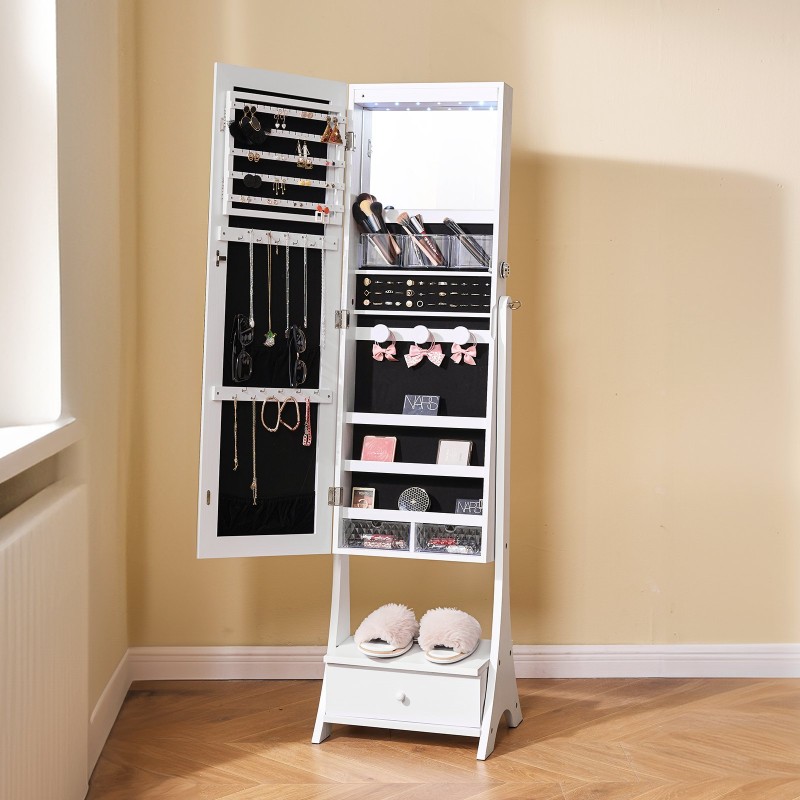 Kokovartalopeili säilytyskaappi valkoinen MDF samettiverhoilu lukittava LED-valaistus 3 vetolaatikkoa 157 cm