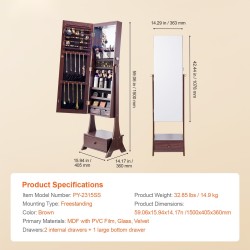 Seisova korupeilikaappi täyspitkällä peilillä samettivuoraus lukittava LED-valaistus laatikoilla ruskea