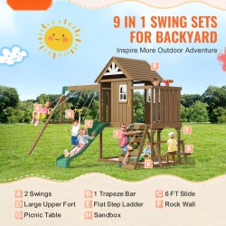 Puinen pihakeinusetti setripuu kaksi keinua trapetsi kuuden jalan liukumäki yläleikkitorni keittiöleluilla hiekkalaatikko