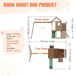 Puinen pihakeinusetti setripuu kaksi keinua trapetsi kuuden jalan liukumäki yläleikkitorni keittiöleluilla hiekkalaatikko