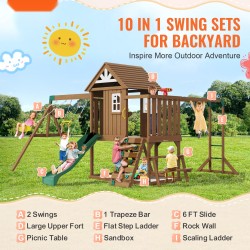 Puunen kymmenosainen pihaleikkisetti setripuu kaksi keinua trapetsitanko liukumäki