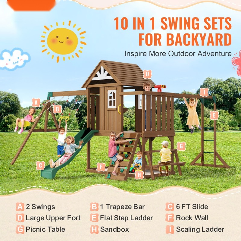 Puunen kymmenosainen pihaleikkisetti setripuu kaksi keinua trapetsitanko liukumäki