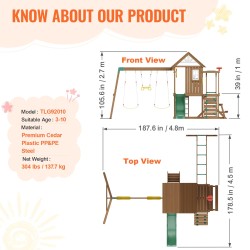 Puunen kymmenosainen pihaleikkisetti setripuu kaksi keinua trapetsitanko liukumäki