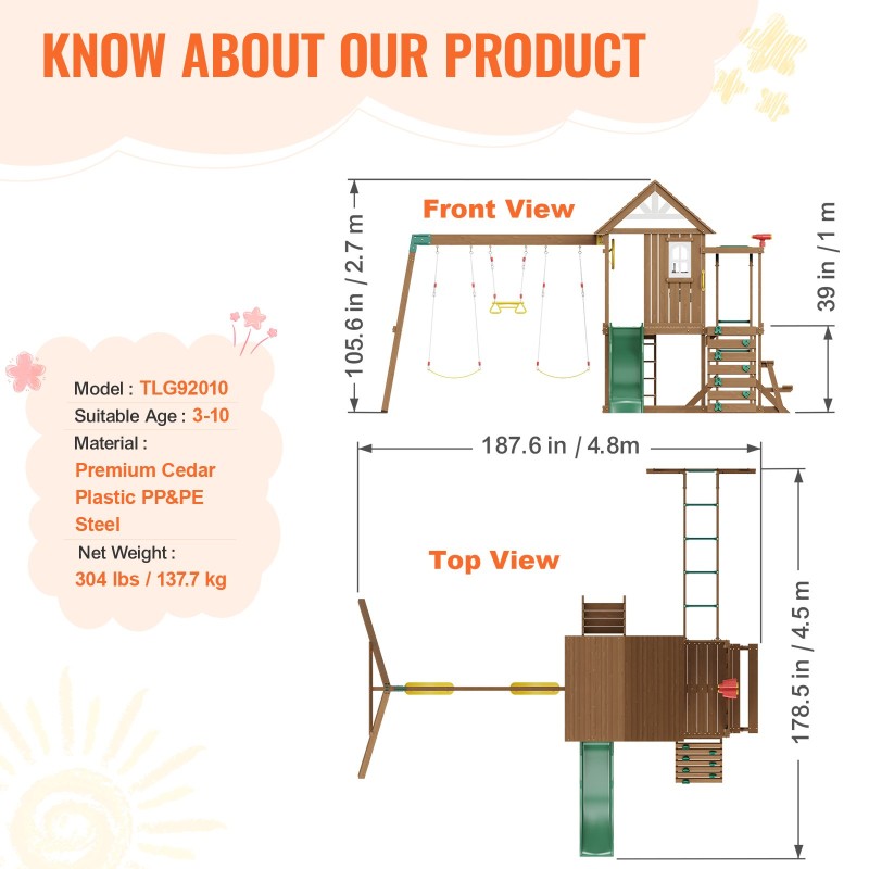 Puunen kymmenosainen pihaleikkisetti setripuu kaksi keinua trapetsitanko liukumäki