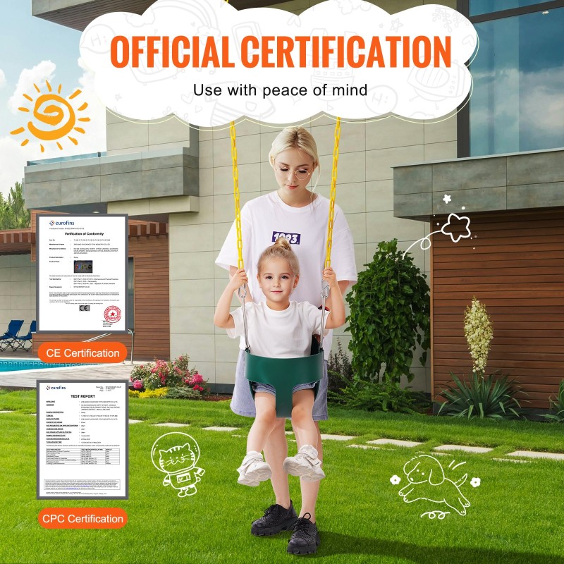 Täysämpärikeinu lapsille korkeaselkäisellä EVA-istuimella galvanoiduilla ketjuilla ja karabiineilla