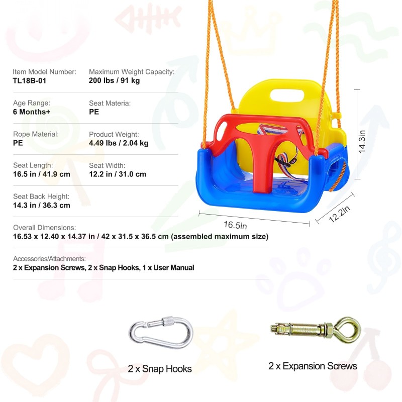 Lapsikeinu kolmikäyttöinen polyeteeni-istuin 91 kg kantavuus säädettävät köydet sisä- ja ulkokäyttöön