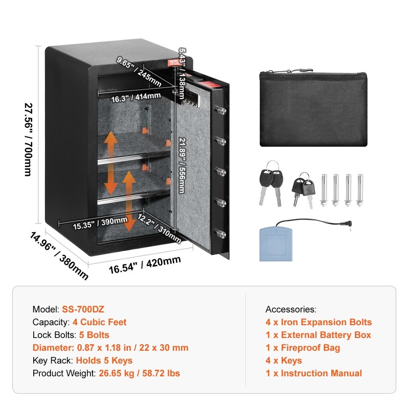 Kassakaappi seosterästä 113 l yhden oven musta avain- ja salasanalukolla paloturvallinen laukku