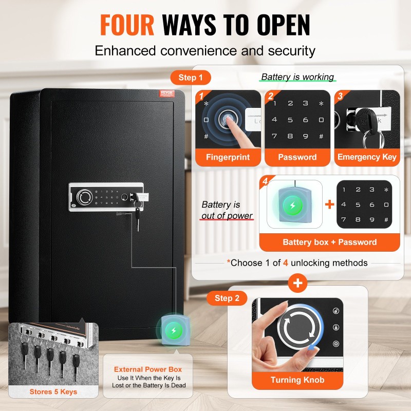 Turvakaappi seosteräksinen 113 l musta kotikäyttöön avain salasana sormenjälkitunnistus