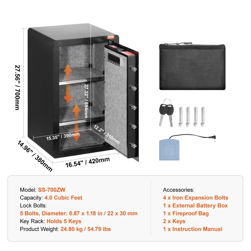 Turvakaappi seosteräksinen 113 l musta kotikäyttöön avain salasana sormenjälkitunnistus