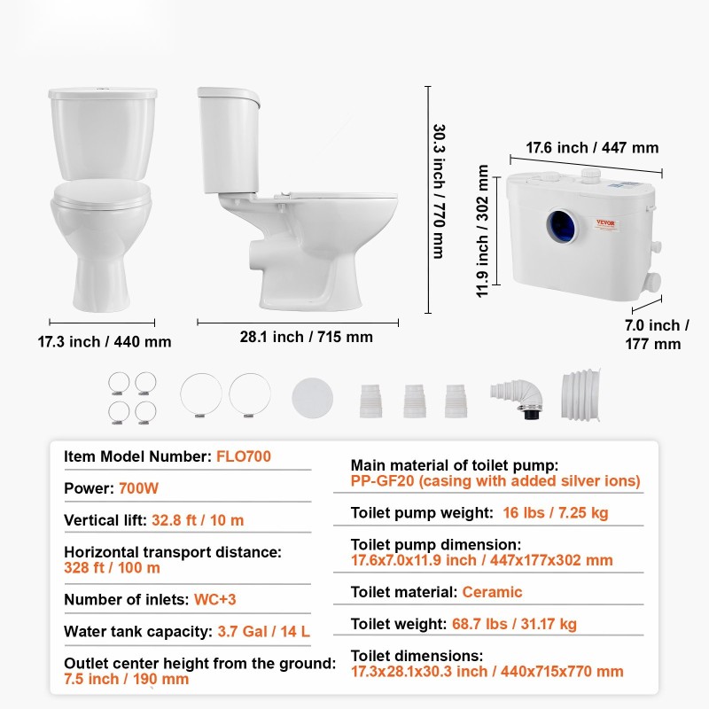 Maceroiva keramiikkainen wc-järjestelmä kellariin 700 watin pumpulla kolmella tuloliitännällä ja kaksitoimisella huuhtelulla