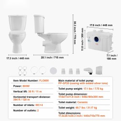 Jauhettava WC-järjestelmä 800 watin pumpulla keraaminen istuin kellariin kaksitoiminen huuhtelu 4 tuloliitäntää