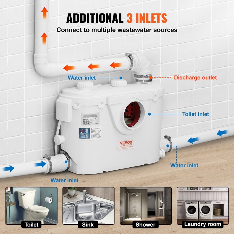 Jauhava WC-järjestelmä 500 watin pumpulla keraamisella istuimella kellariin kolme tuloa kaksitoiminen huuhtelu