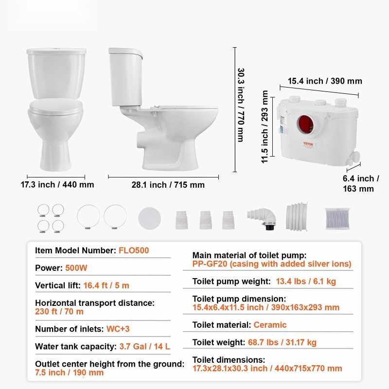 Jauhava WC-järjestelmä 500 watin pumpulla keraamisella istuimella kellariin kolme tuloa kaksitoiminen huuhtelu