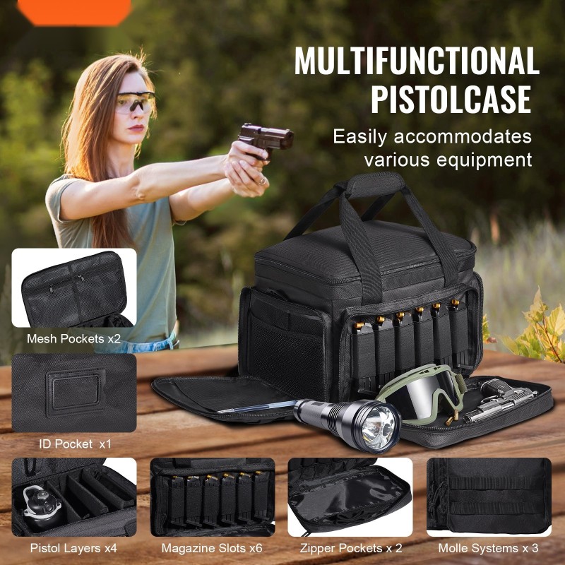 Ampumaratalaukku polyesterinen neljälle pistoolille kuudelle lippaalle irrotettavilla jakajilla paksulla pehmusteella musta