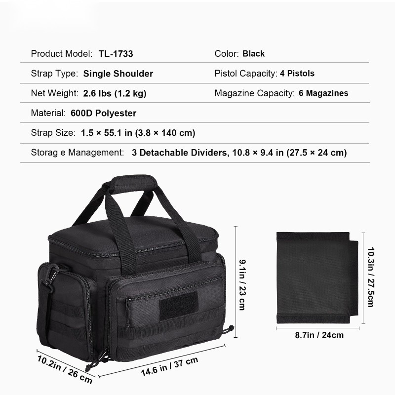 Ampumaratalaukku polyesterinen neljälle pistoolille kuudelle lippaalle irrotettavilla jakajilla paksulla pehmusteella musta