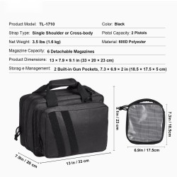 Ampumaradalaukku vesitiivis 600D polyesteri 2 pistoolia 6 irrotettavaa lippasta musta