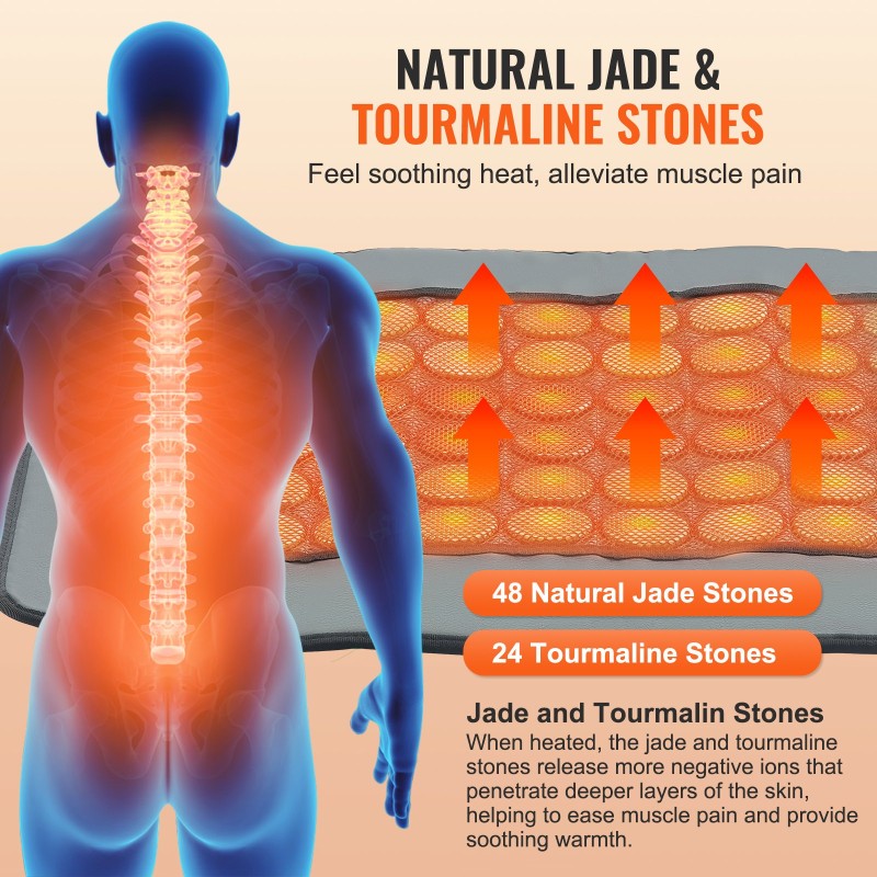 Kaukoinfrapunalämpötyyny keinonahkainen 48 jadekiveä 24 turmaliinikiveä keskikoko selälle
