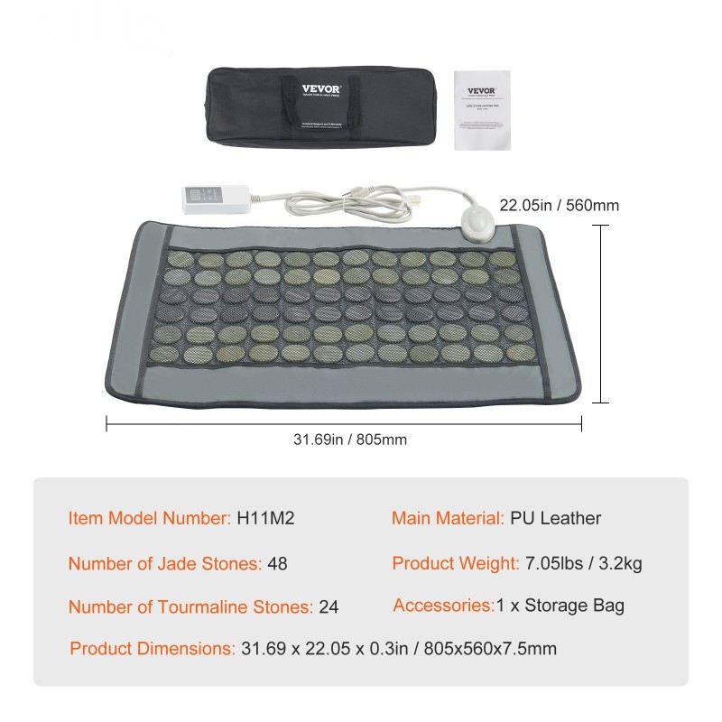 Kaukoinfrapunalämpötyyny keinonahkainen 48 jadekiveä 24 turmaliinikiveä keskikoko selälle