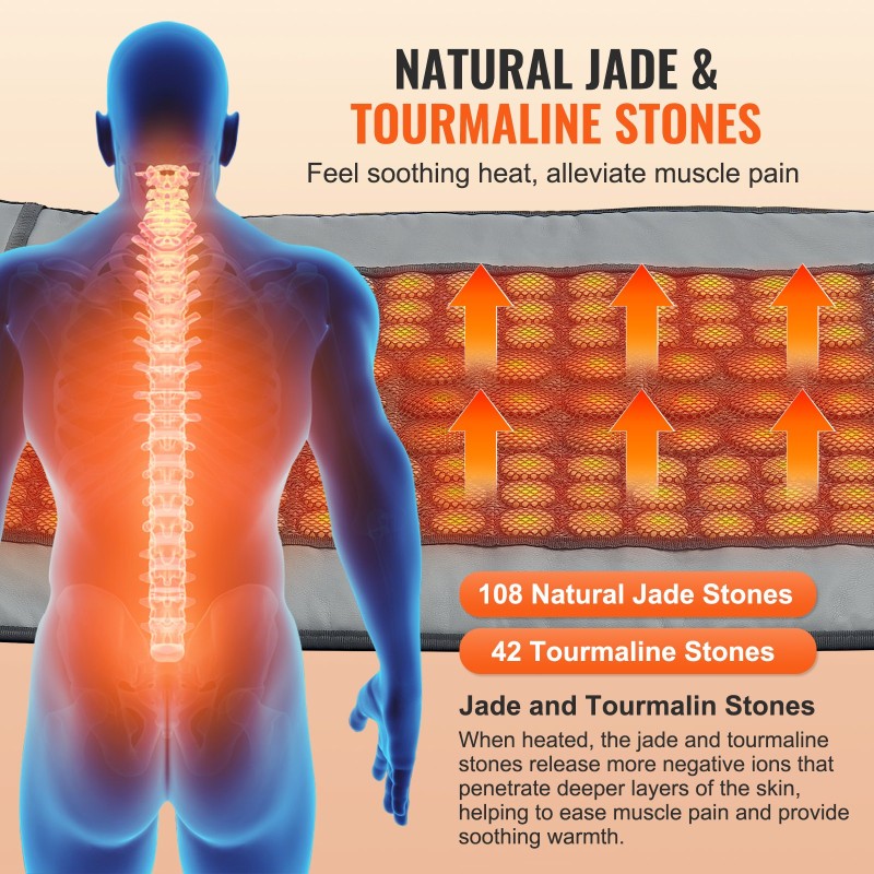 Kauko-infrapunalämpötyyny 108 jade-kiveä ja 42 turmaliinikiveä keskikoko 800 x 557 mm selälle