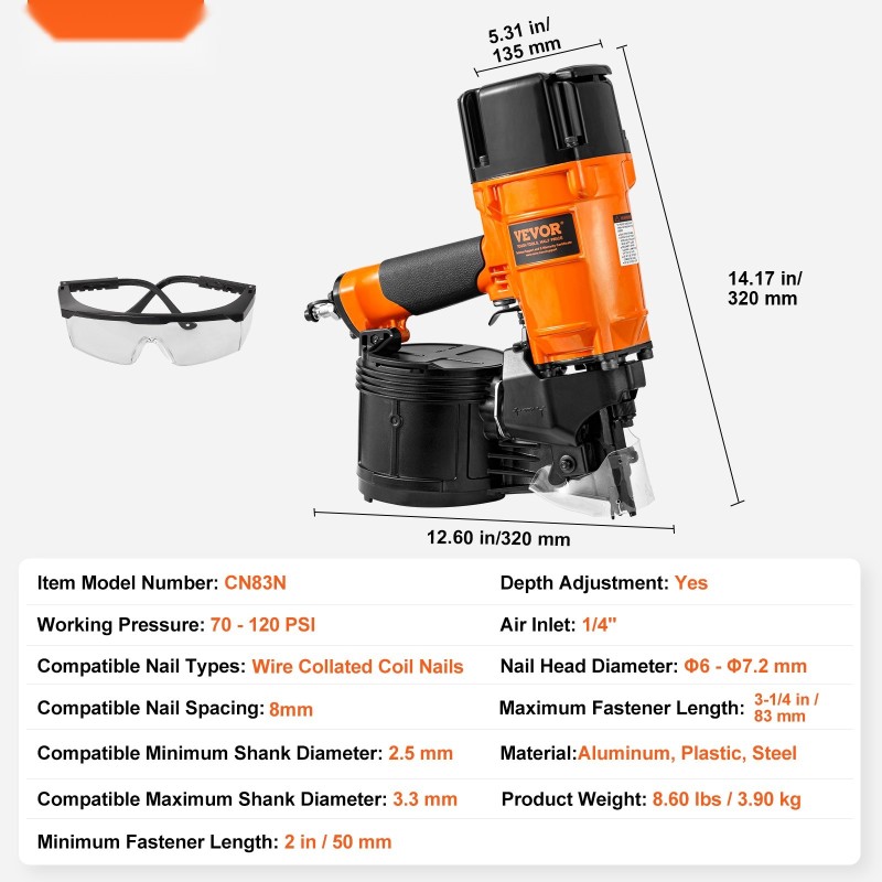 Paineilmatoiminen kierrenaulain 50–83 mm johdolla kierretyille nauloille työkaluton syvyyden säätö