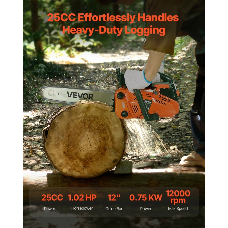 Bensiiniketjusaha 25 cm³ 12-tuumainen laippa muovi ja alumiinirunko kaksoispolttoainetankit liukumaton kahva