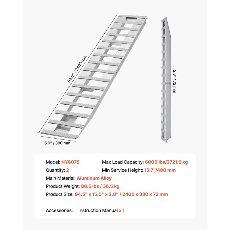 Alumiininen lastausramppipari 2400 mm pitkä 380 mm leveä 2721,6 kg