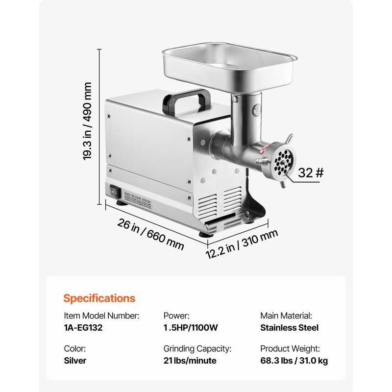 Pöytämallinen ruostumaton teräs lihamylly 1100 W makkarasuuttimilla ammattikäyttöön