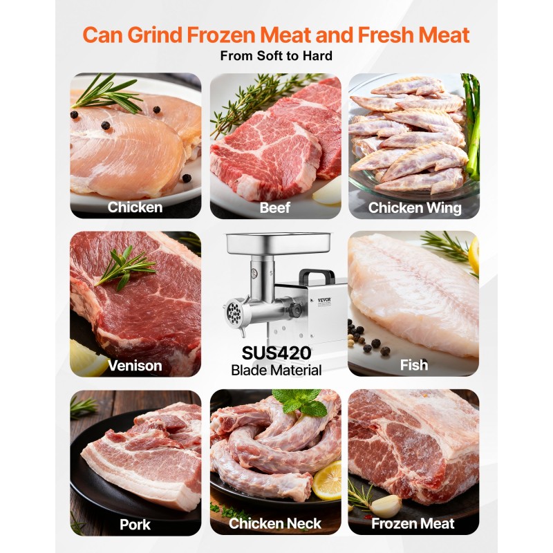 Sähköinen lihamylly ruostumaton teräs 300 watin viisi paunaa minuutissa kolme erikokoista makkarantekoputkea